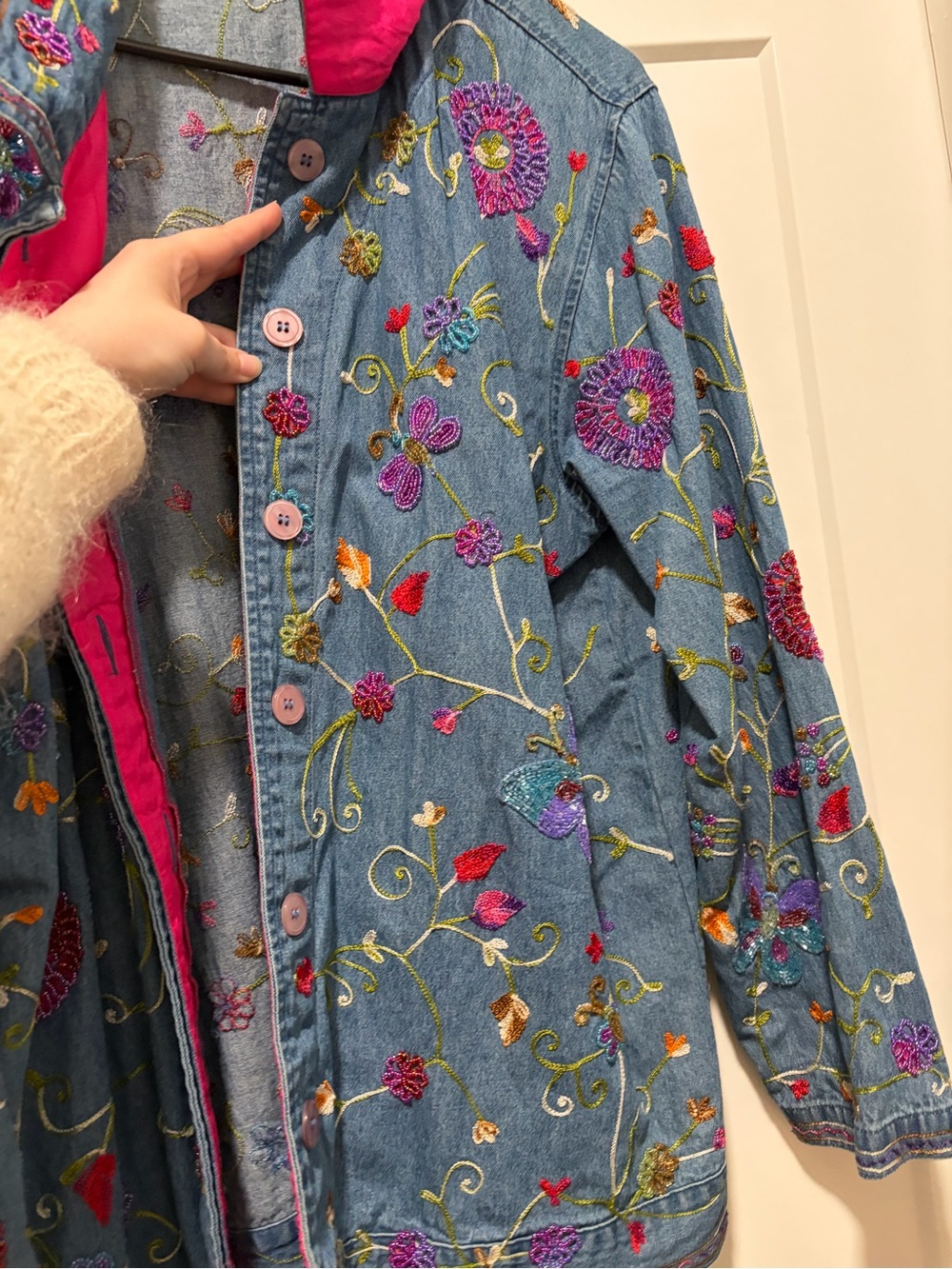 Fun Blue Denim Jacket with Pink Lining & Multicolor Embroidery - Picture 3 of 7